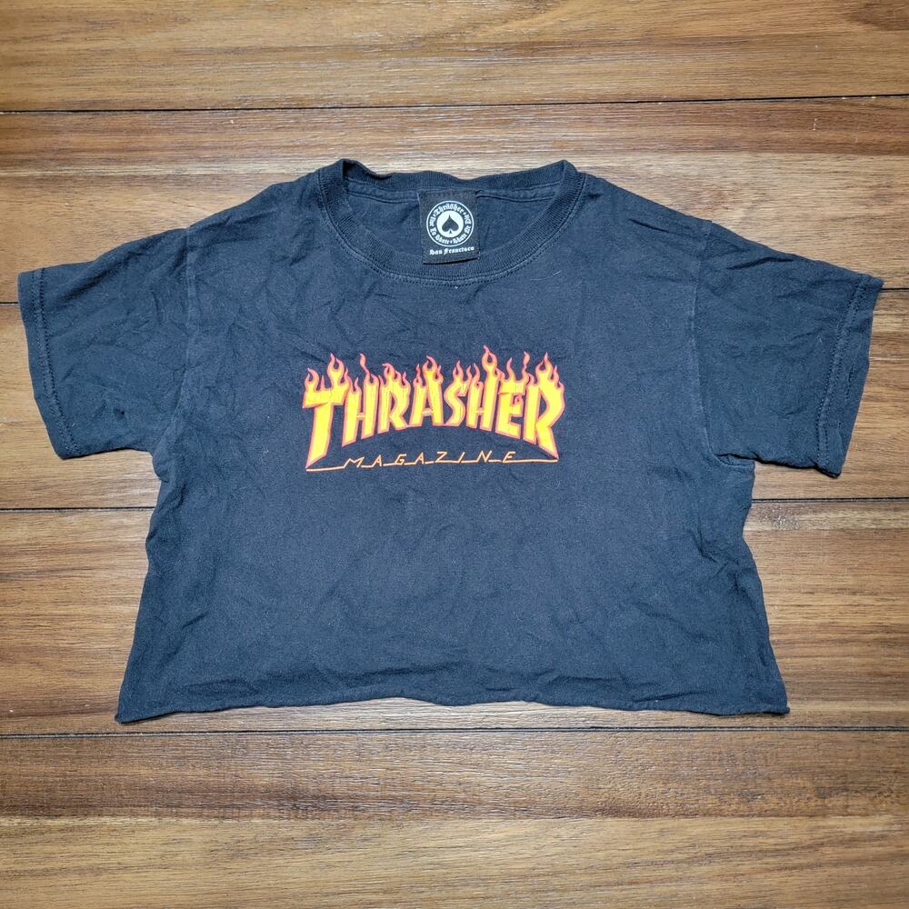 Thrasher Magazine Black Crop Tee Flame Logo - Size XS